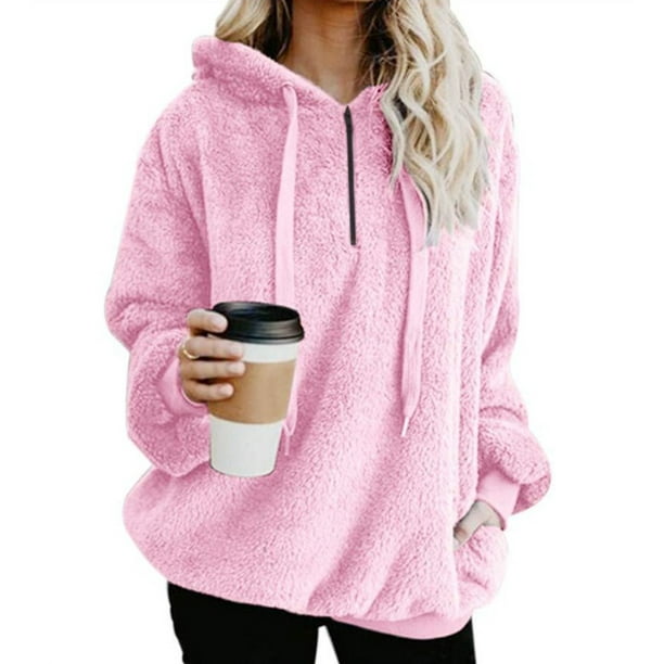 Womens Fuzzy Sherpa Hoodies Pullover Zip Fleece Sweatshirt Outwear