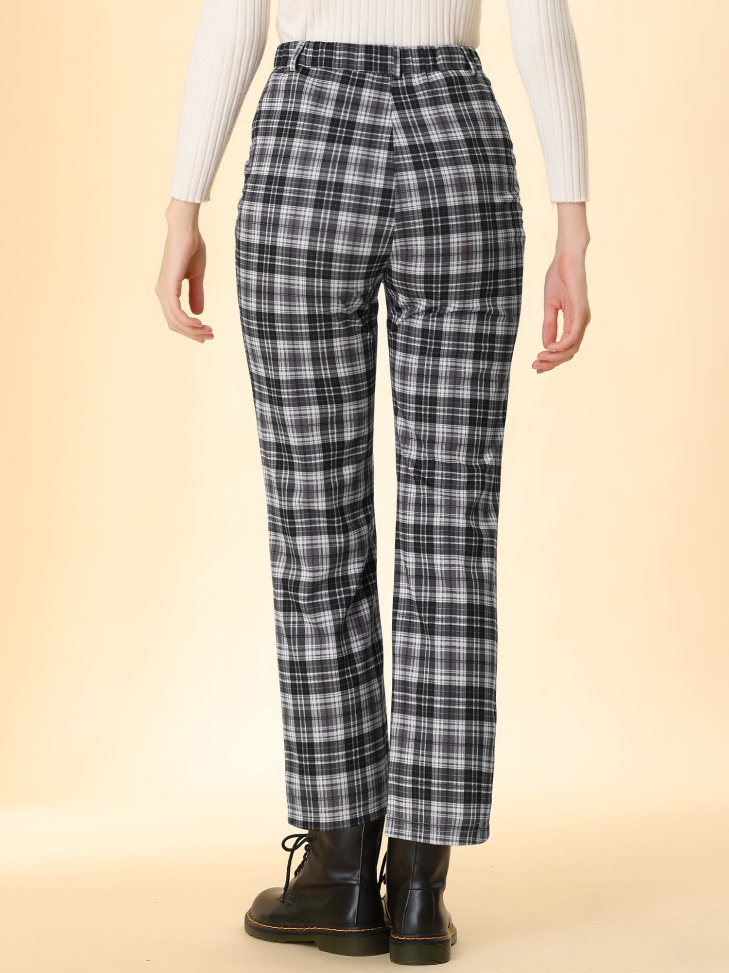 DARING DIVA Women's Plaid Trousers Button Tartan Check Work Pants 2XL Black