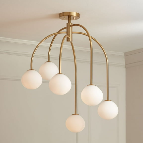 Possini Euro Design Clara 27" Mid Century Modern 6-Light Semi Flush-Mount Ceiling Light Fixture Kitchen Foyer Warm Brass Finish