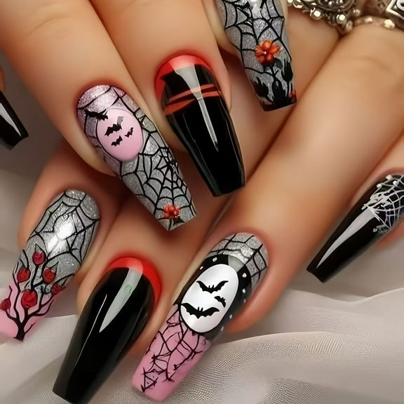 Yoyauz 24pcs Almond Shaped Nail, Fake Nail, Pink Ghost Rose Design, Charming Acrylic Nail, Halloween Suitable For Girls And Ladies