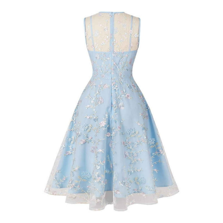 SMihono Women's Summer Floral Embroidered Mesh Vintage 1950s Retro Hepburn  Cocktail Party Dress Blue Elegant A-Line Swing Dress Blue 6 - Walmart.com