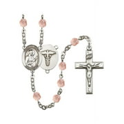St. Camillus of Lellis / Nurse Silver-Plated Rosary 6mm October Pink Fire Polished Beads Crucifix Size 1 3/8 x 3/4 medal