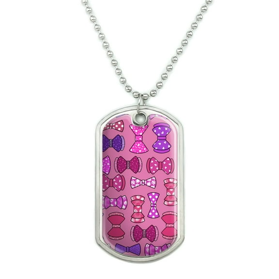 Cute Girly Pink and Purple Bows Pattern Military Dog Tag Pendant Necklace with Chain