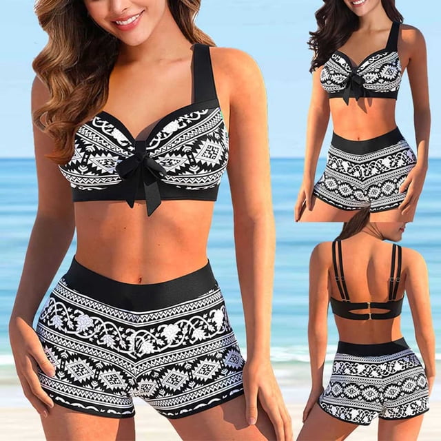 Mejor Belleza Mujer Traje de Baño de Moda Aumentar el tamaño 2 Piezas Tankini Tops de Bikini y Partes de Abajo Negro XXXXL