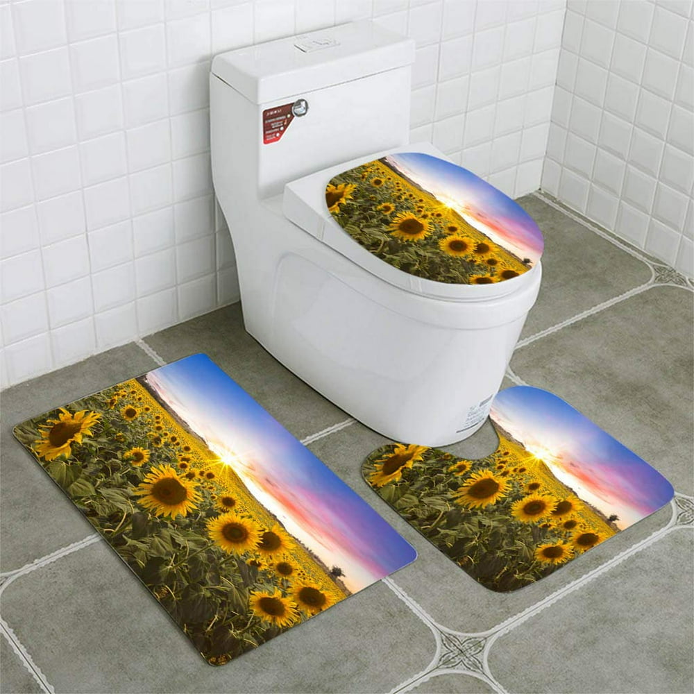 GOHAO Lovely Sunset Over Sunflower Field 3 Piece Bathroom Rugs Set Bath