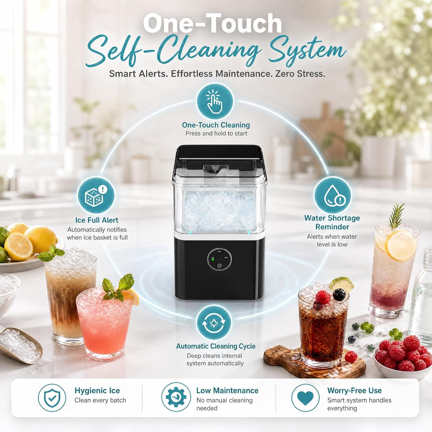 Countertop Nugget Ice Maker Machine 41.89lbs/Day, Soft Chewable Pellet Ice Ready in 6-13 Mins, One Touch Auto Self Clean for Home Kitchen Party Bar