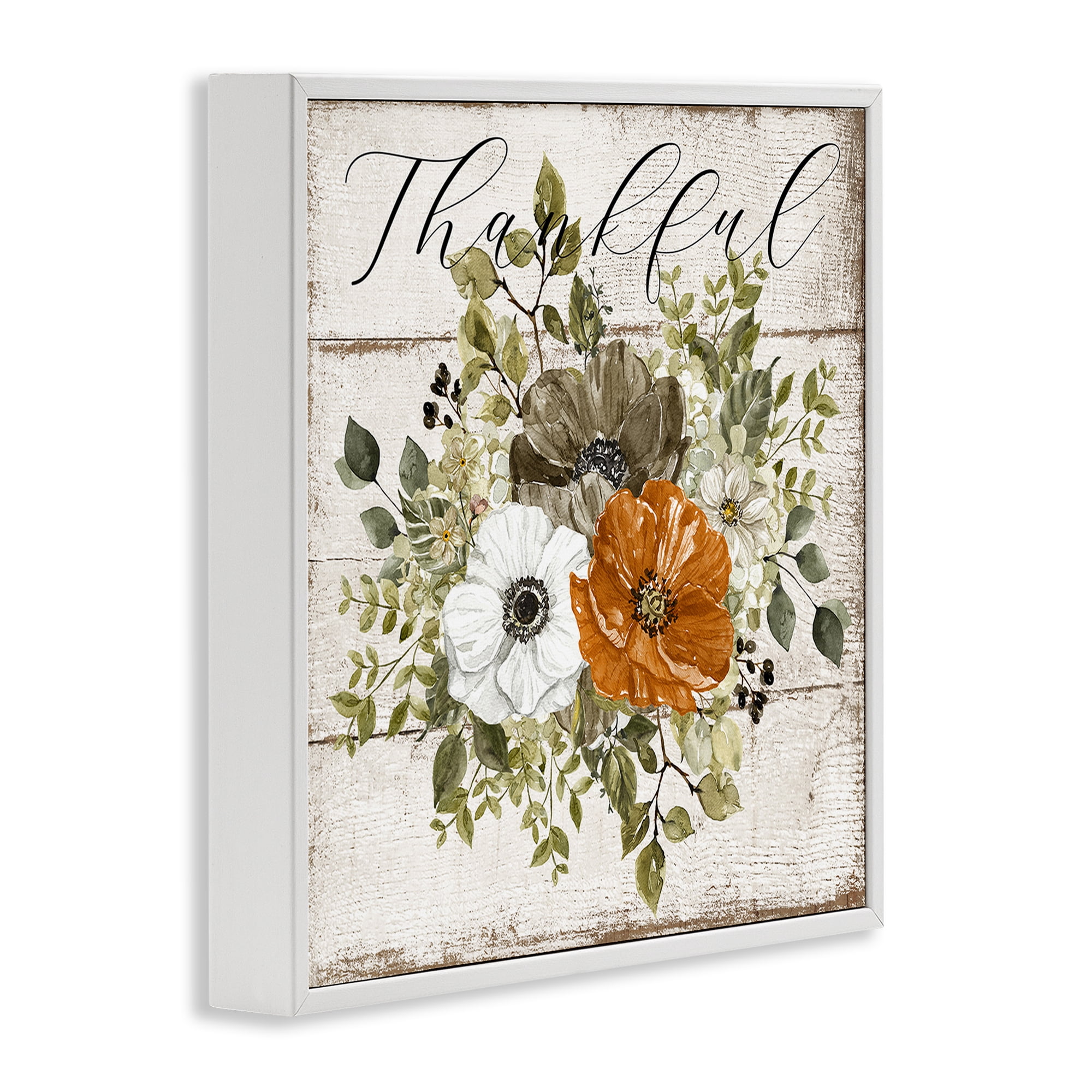 Stupell Industries Thankful Floral Pumpkin Holiday Painting White Framed Art Prints Wall Art, 17 x 17