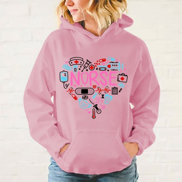 Sudadera con capucha de manga larga con estampado de amor de enfermera para mujer, informal, para invierno y otoño