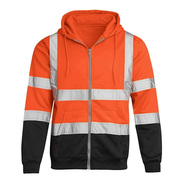 Styesk Jackets for Men Men's Solid Color Hooded Sweatshirt With Reflective Strip Sanitation Work Clothes Match Color Zipper Hoodie