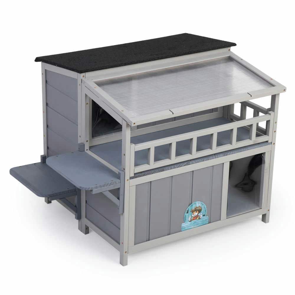 Yardi Yarda 2-Tier Wooden Cat House & Enclosure with Jumping Platforms and Play Run, Waterproof Outdoor Cat Cage with Fringe Curtains and Roof, Gray