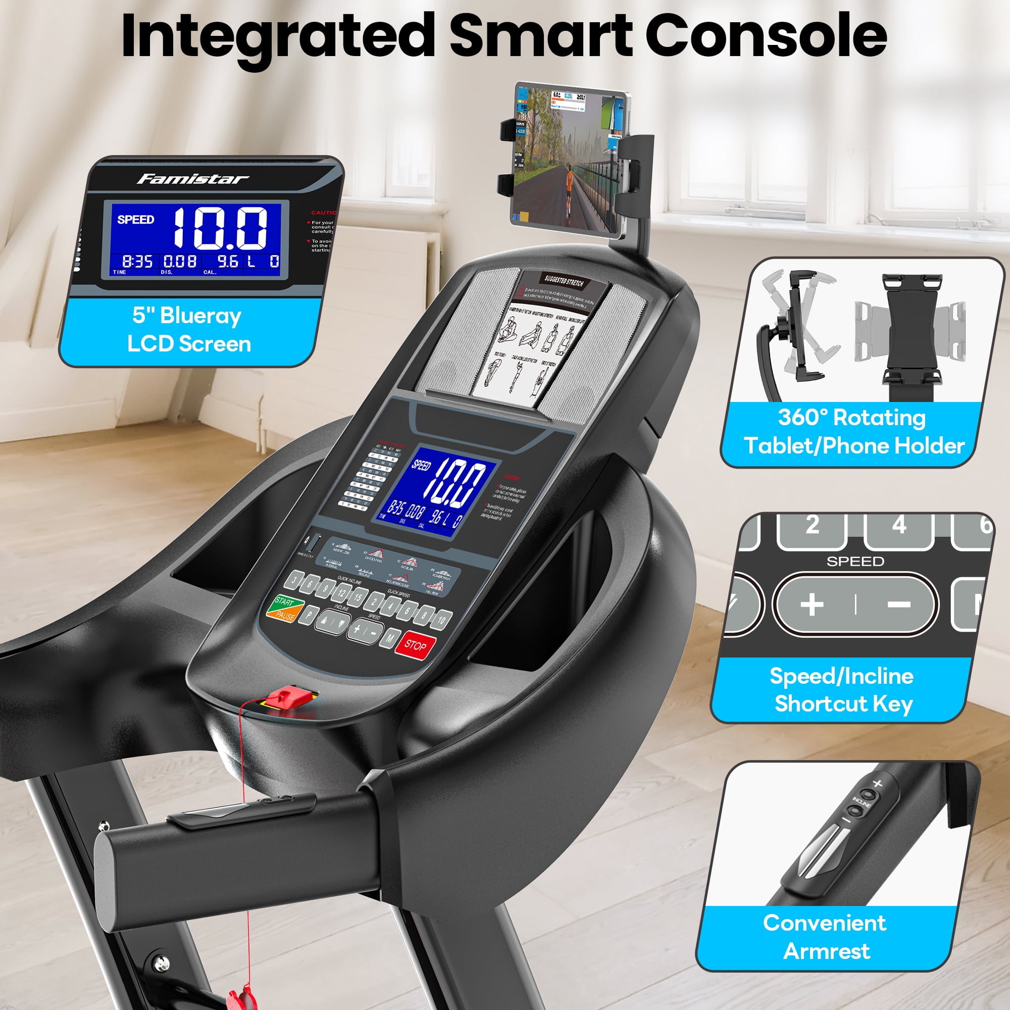 20% Auto Incline Treadmill 5.1HP for Home, Folding Treadmill w/ 300LB Capacity, Dual HiFi Speaker, App Control w/ Virtual Running, 64+7 Programs, 6 Point Shock-absorbing Cushions, Portable Treadmill