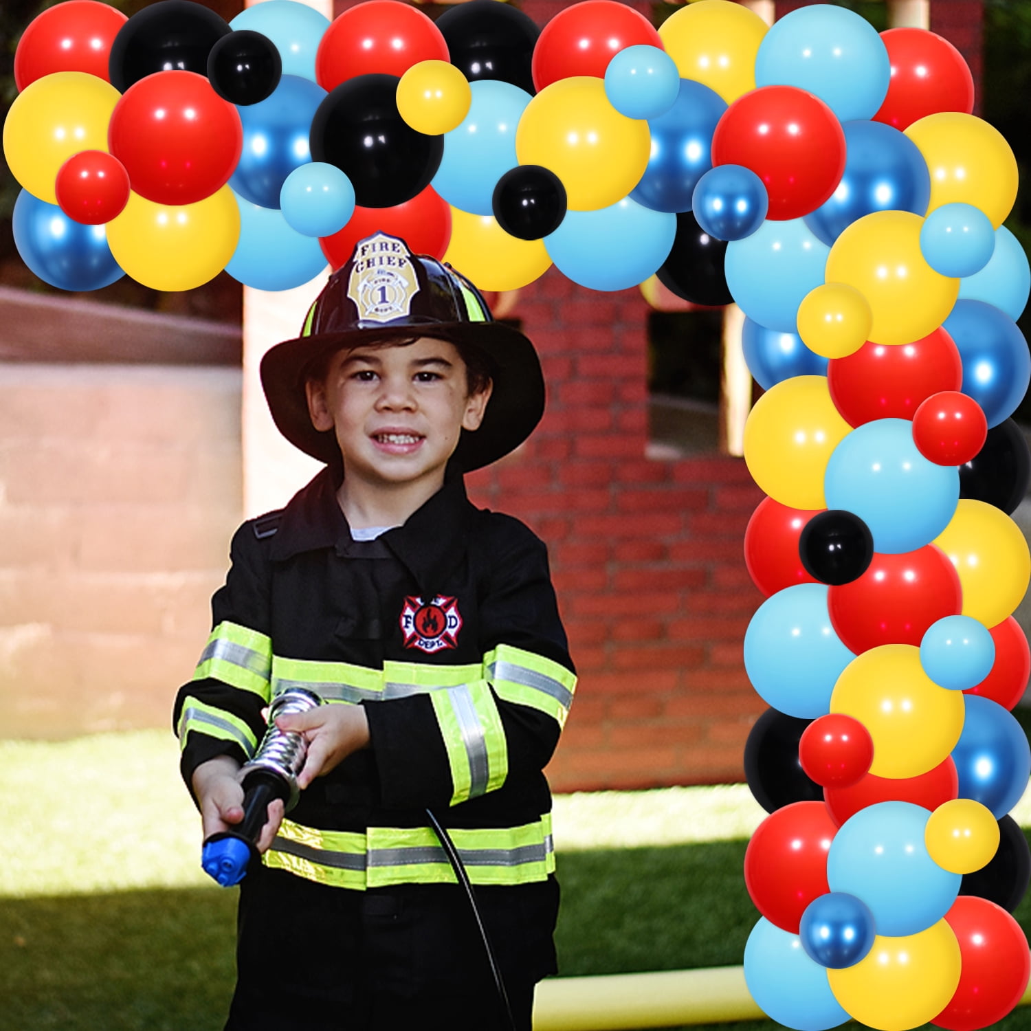 75Pcs First Responders Birthday Party Decor, Emergency Rescue Team Party Decor with Calling All Units Backdrop Blue Red Yellow Balloon Garland Arch Kit for Ambulance Fire Truck Police Party Supplies