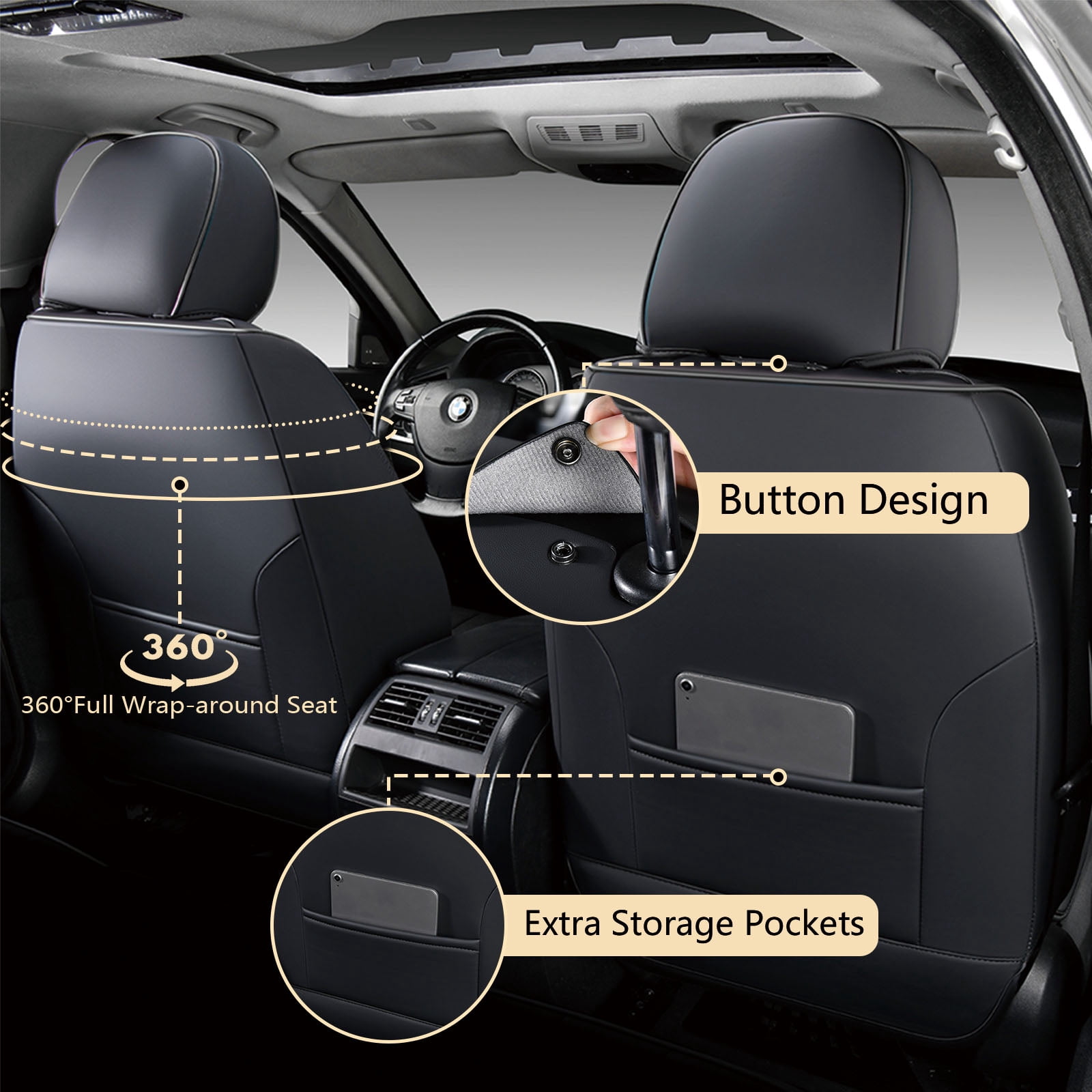 FLORICH Front Car Seat Covers, Luxury Faux Leather Seat Protectors, Automotive Seat Cushions Universal Fit for Most Cars Trucks SUV, Black