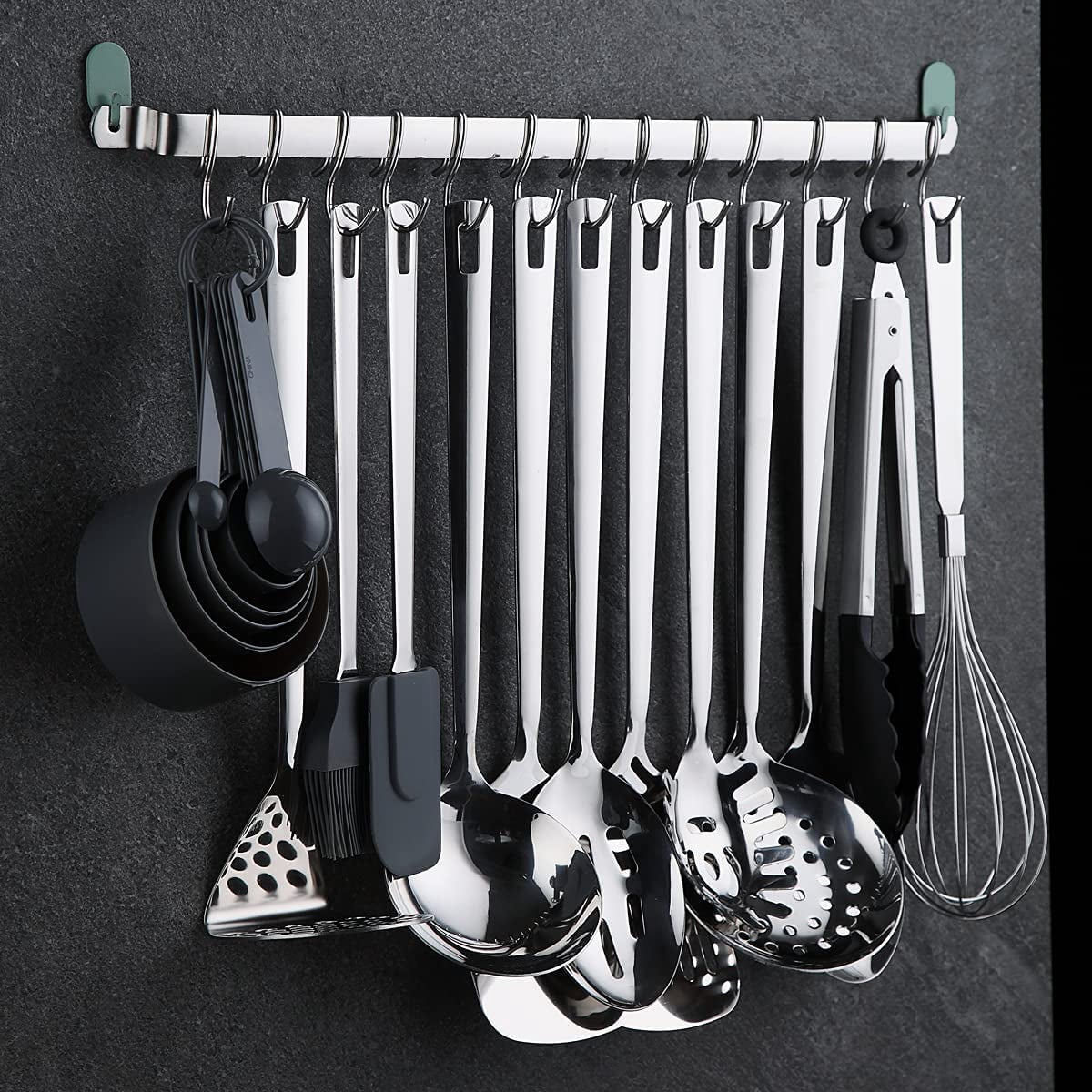 ReaNea Kitchen Utensil Rack, Stainless Steel Wall Mounted Utensil Holder Rail Organizer for Hanging Mug Spatula Pot with 14 Hooks