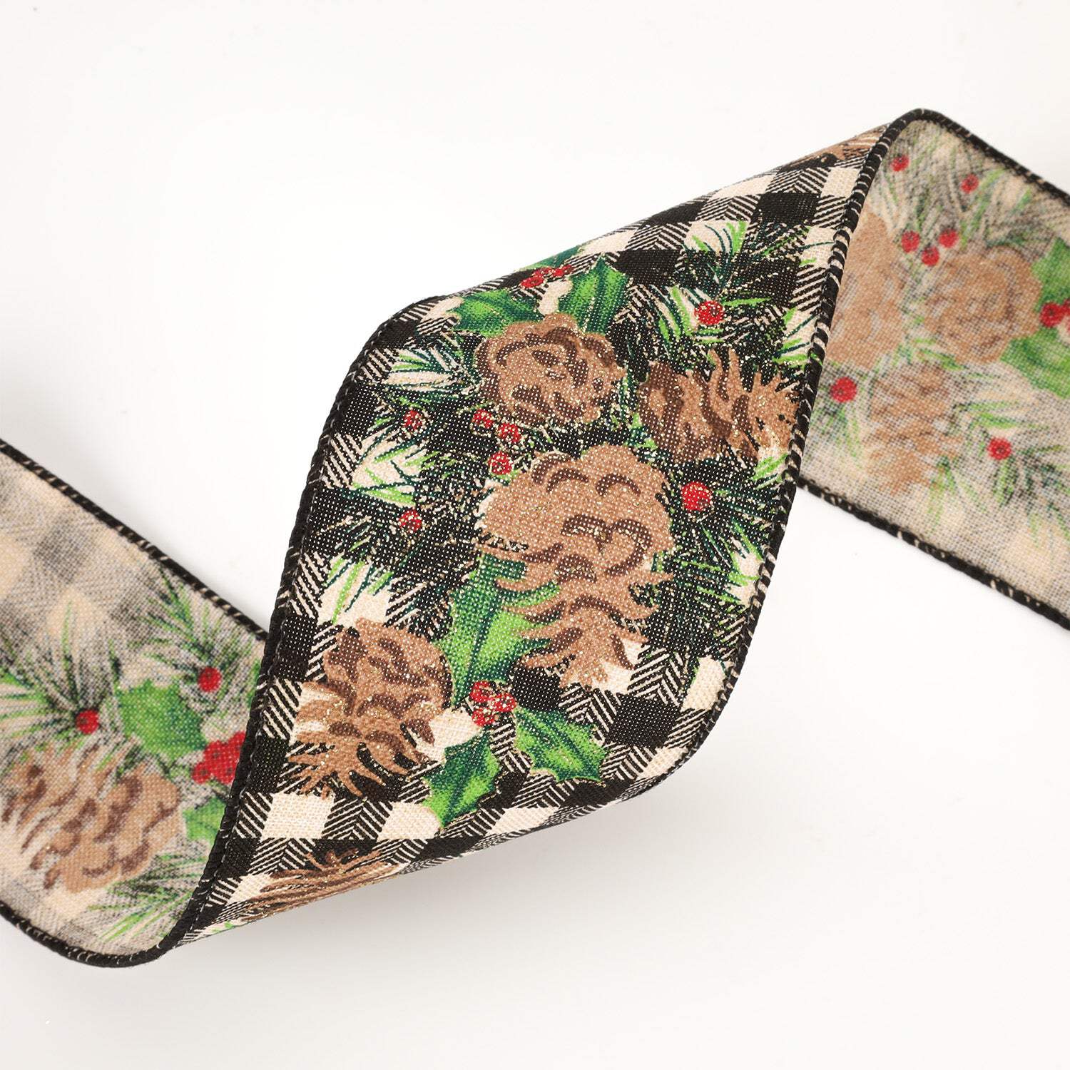 LaRibbons 2-1/2" Printed Wired Ribbon | White/Black Check w/ Pinecone | 10 Yard Roll