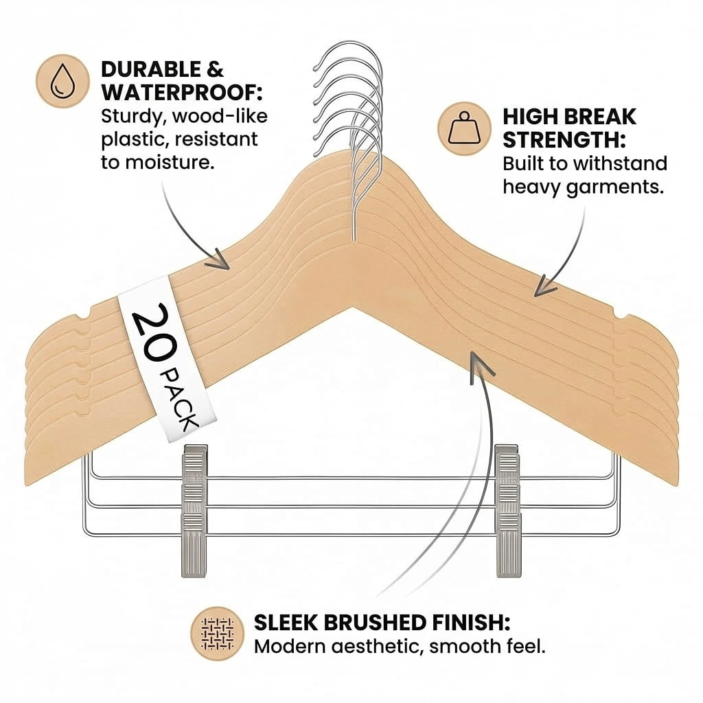 USTECH Wood like Hanger Bowed Shaped with Clips | Heavy Duty Wood Finish Hanger for Suits, Pants, and Skirts | Closet Space Saver with Shoulder Notch for Strappy Dresses | 20 Pack