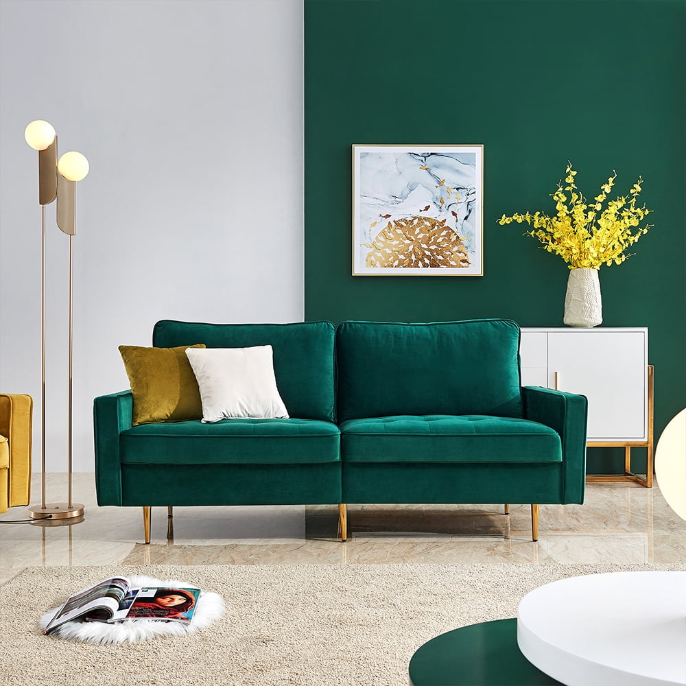 Mid Century Couches and Sofas, Modern 2 Seater Sectional Sofa with 2 Soft Pillow, High End Velvet Fabric Sofas with Metal Legs, Living Room Furniture for Small Space, Holds 700 lbs, Emerald, Q9234