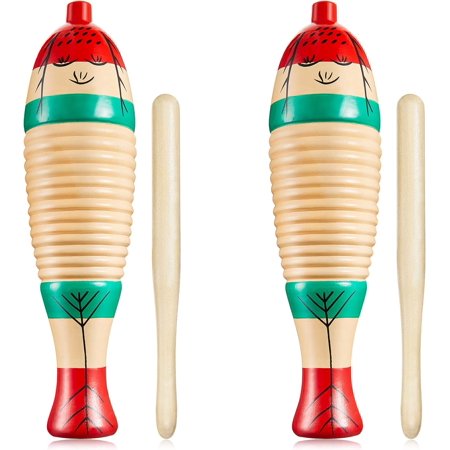 2 Pieces Colorful Fish Shaped Guiro Instrument Latin Percussion Musical Wooden Frog Instrument Musical Percussion for Adults Kids with Rhythm Sticks