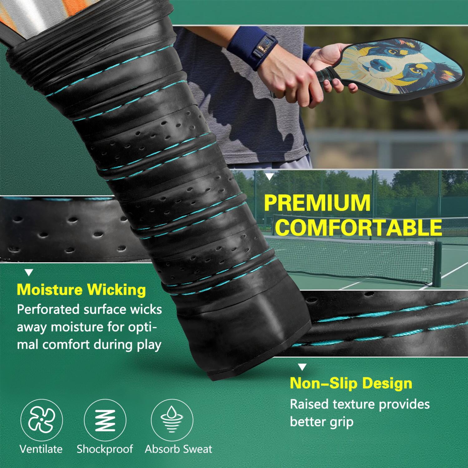 Pickleball Paddles Set Of 2, Fiberglass Surface, Astonished Dog Print, 4 Balls & Bag