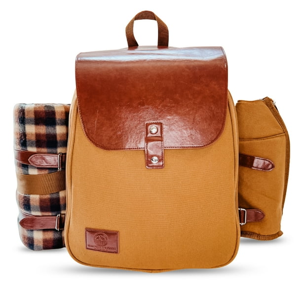 Picnic Backpack Canvas and Faux Leather Picnic Backpack for 4