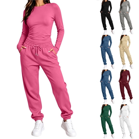 Bloomae Womens 2 Piece Sweatsuits Long Sleeve Basic Crewneck Tight Shirt Tops Drawstring Elastic High Waist Joggers Sweatpants Sets 2026 Fall Sweat Lounge Outfits
