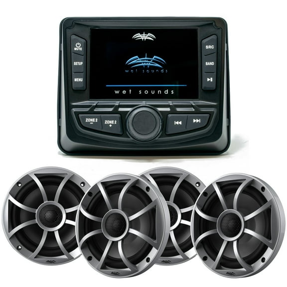 Wet Sounds WS-MC-2 Marine Radio with 2 Pairs Wet Sounds RECON 6-S Recon Series 6.5" 60-Watt RMS Coaxial Speakers With Silver XS Grille And Cone (Pair)