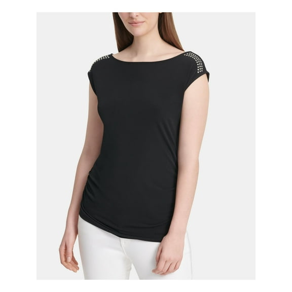 DKNY $59 Womens New 0126 Black Embellished Cap Sleeve Boat Neck Casual Top M B B