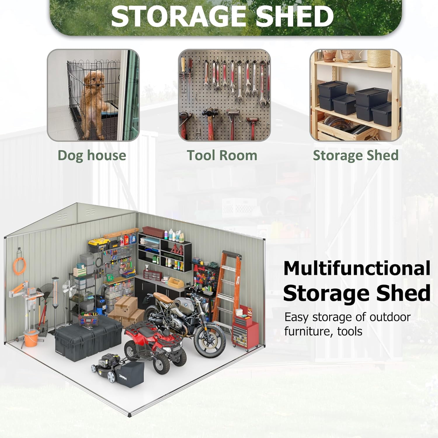 MUCHANT 6'x8' Outdoor Metal Storage Shed with Updated Frame Structure and Lockable Doors, Steel Garden Tool Sheds for Backyard, Patio, Lawn, White