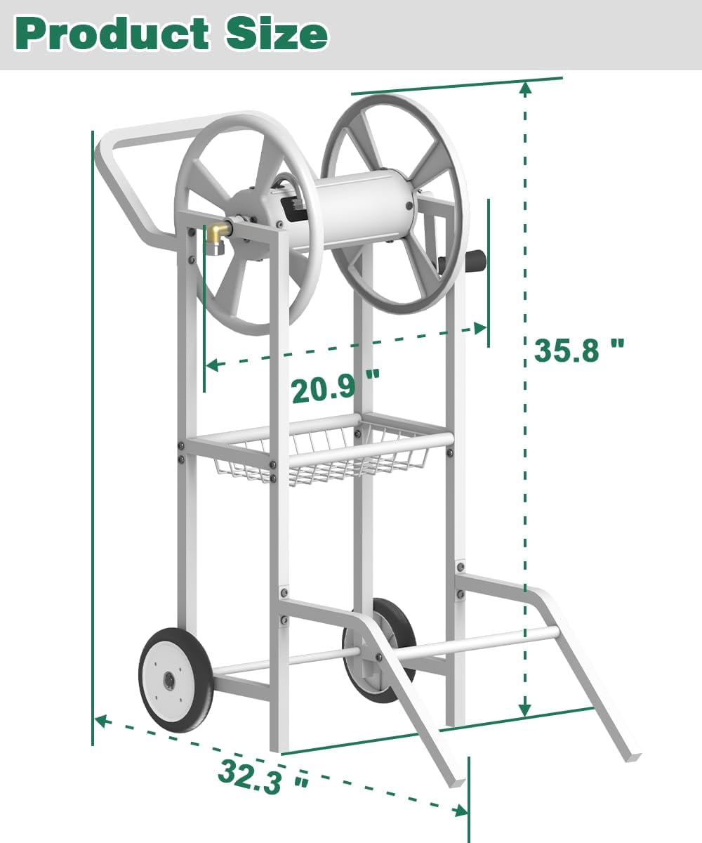 Hose Reel Cart with 2 Wheels, Garden Water Hose Holder Heavy Duty Powder Coated Steel Outdoor Winder Storage Holds 125 ft 5/8" Hoses with Basket and 3.9ft Leader Hose for Backyard, White