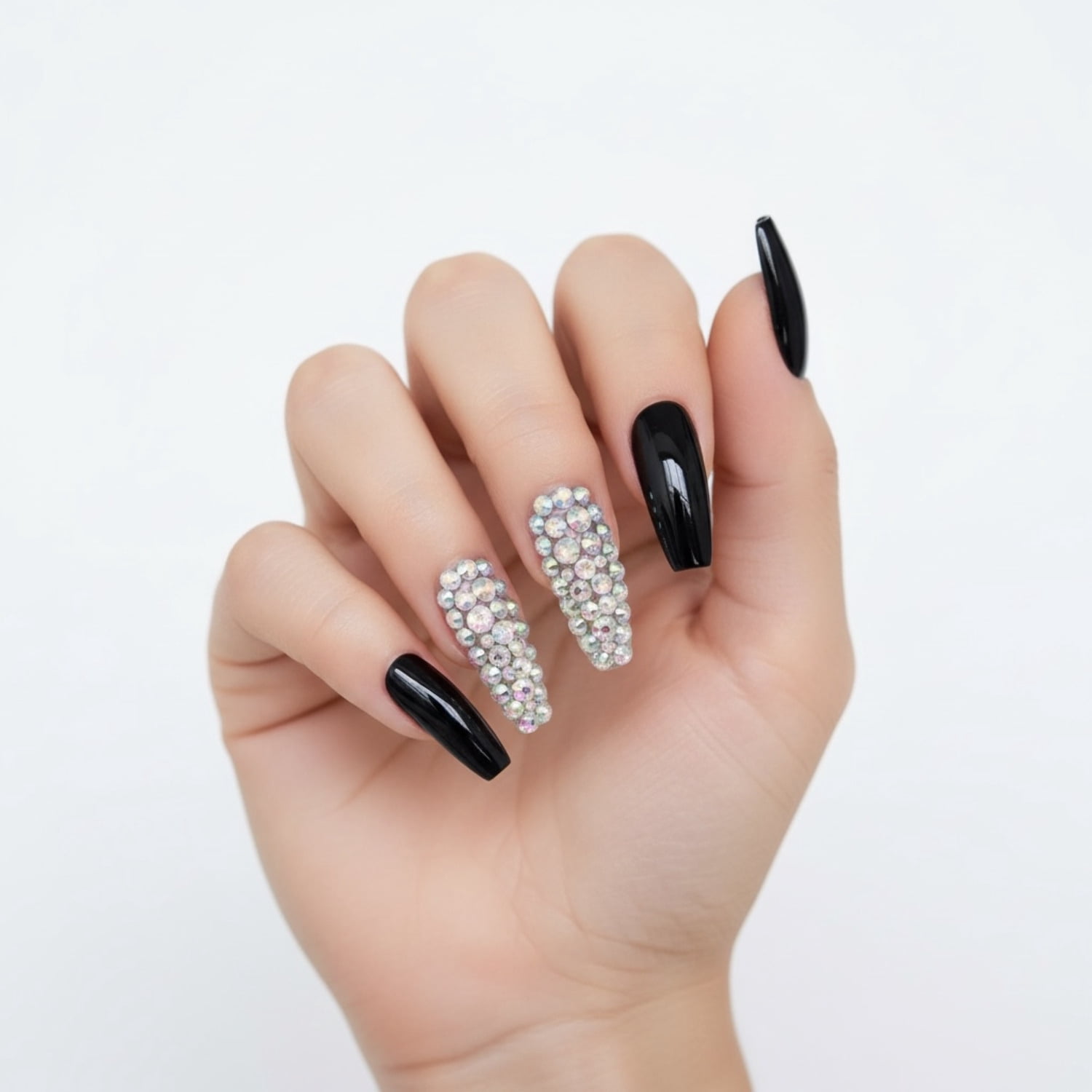 Black 3D Crystal Press On Nails, Extra Long Ballerina Rhinestones Fake Nails Set, Sparkle Night