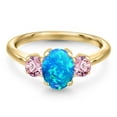 thumbnail image 3 of Gem Stone King 10K Yellow Gold Simulated Blue Opal and Pink Lab Grown Diamond Engagement Ring for Women | 1.56 Cttw | Oval Cabochon 8X6MM | Gemstone October Birthstone | Size 8, 3 of 6