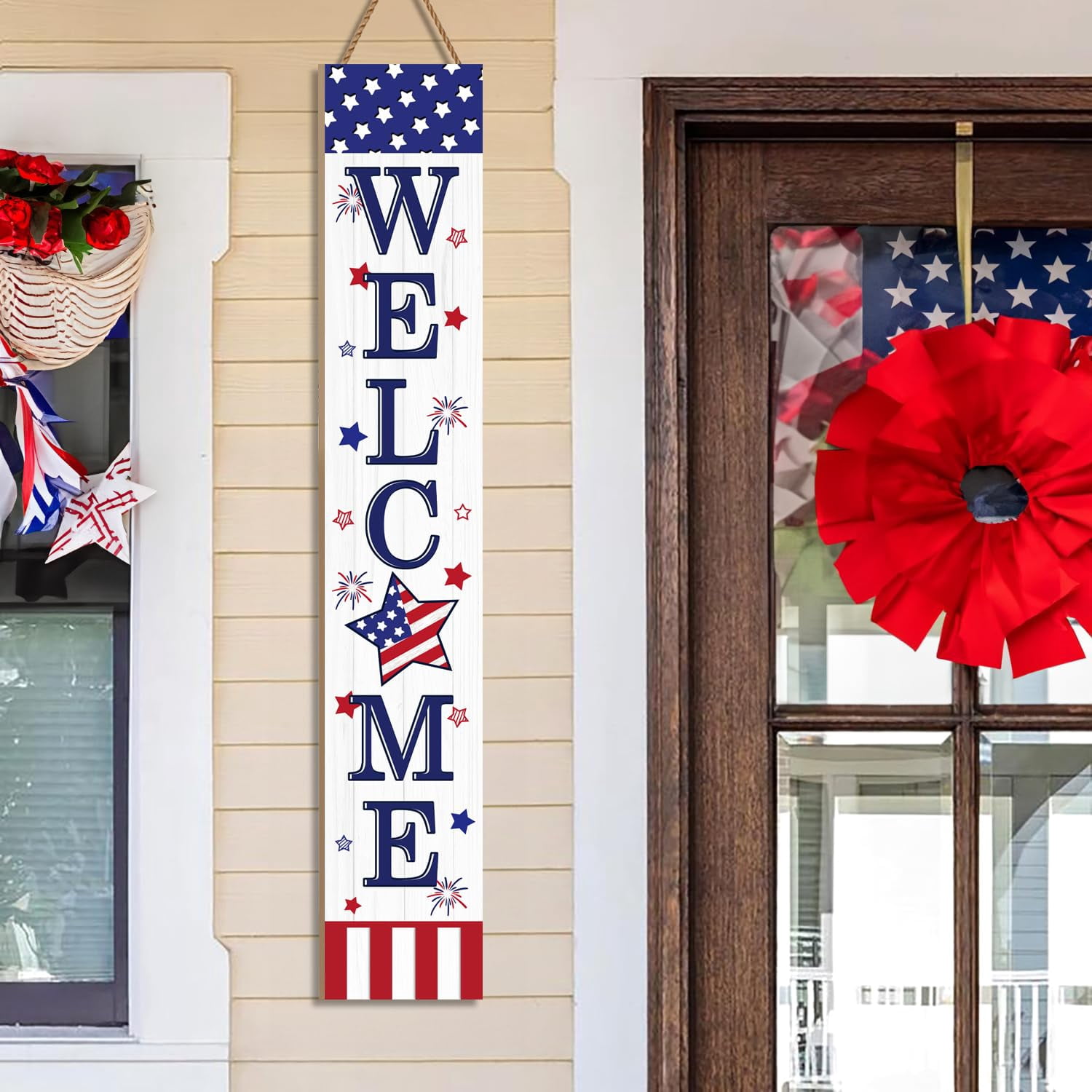 Patriotic 4th Of July Welcome Sign For Front Porch  250th Anniversary Memorial Day Wooden Outdoor Patio Flag Standing Yard Summer Door Signs Garden Wall