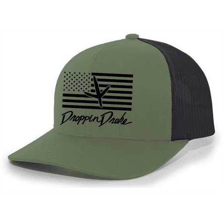 Mens Droppin Drake Turkey Footprint on American Flag Southern Hunting Mens Embroidered Mesh Back Trucker Hat-Loden/Black