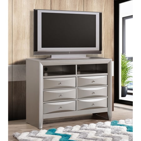 Stylish Silver Champagne Media Chest - For Bedroom With Dovetailed Drawer Structure In Featuring Real Wood Veneers And Metal Guides