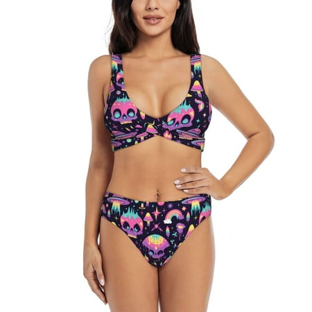 Zeuib cartoon Skull rainbow space High Waisted Tummy Control Bikini Set - Knot Front Push Up Top & Cheeky Thong Bottom  Two-Piece Swimsuit for Women-Small