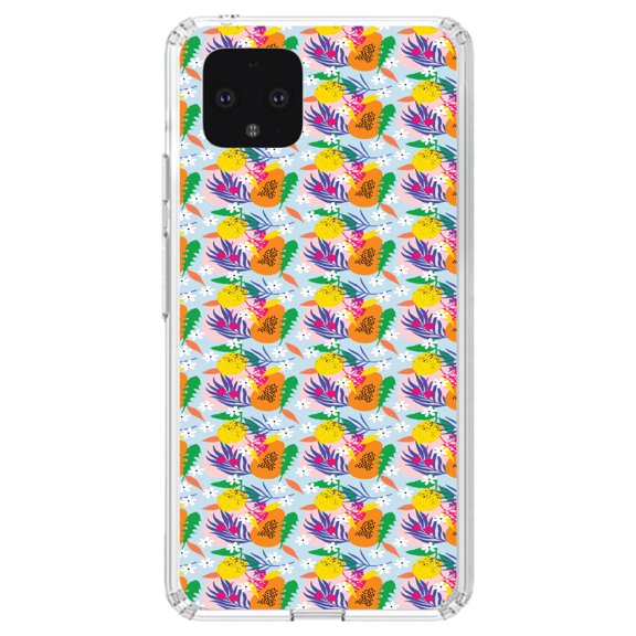 DistinctInk Clear Shockproof Hybrid Case for Google Pixel 4 (5.7" Screen) - TPU Bumper, Acrylic Back, Tempered Glass Screen Protector - Summer Vibes Floral Pattern Orange Blue Green