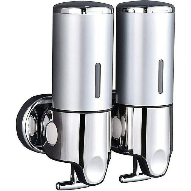 Double Soap Dispenser Wall Mount Shampoo Conditioner Shower Gel Lotion Soap for Bathroom or Kitchen Silver