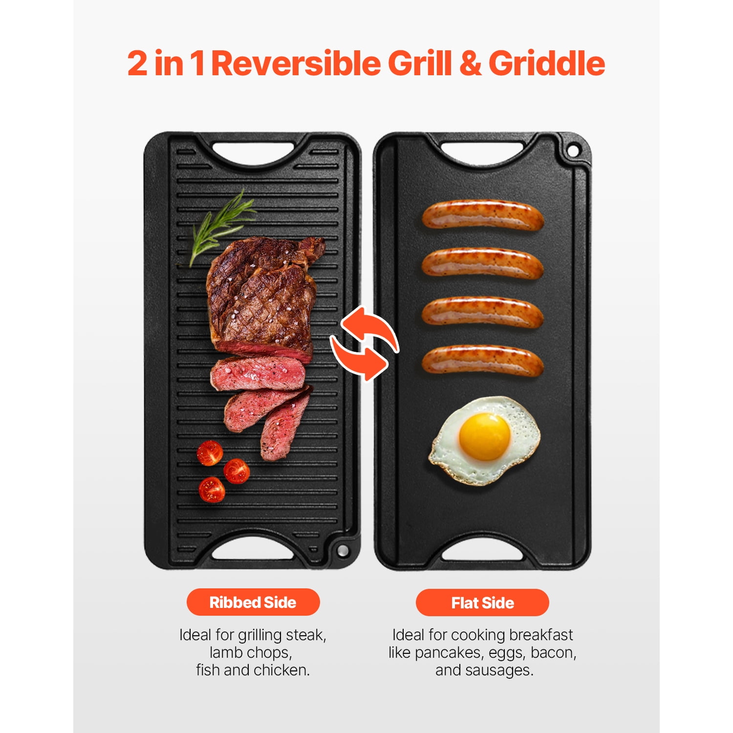 KFFKFF Switchable Grill/Griddle, Cast Iron Material, 20x10 inch, Pre-Treated, Compact Rectangular Design with Handle, Suitable for Indoor/Outdoor Cooking, Stove Top Burner, Gas, Camping BBQ, Black