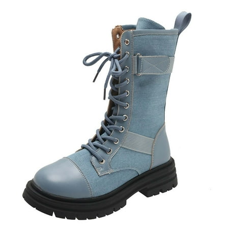 

Winter Boots For Women Platform Boots Women s Winter Splicing Boots Chunky Heel Middle-Heels Round-Toe Side Zipper Boots Blue