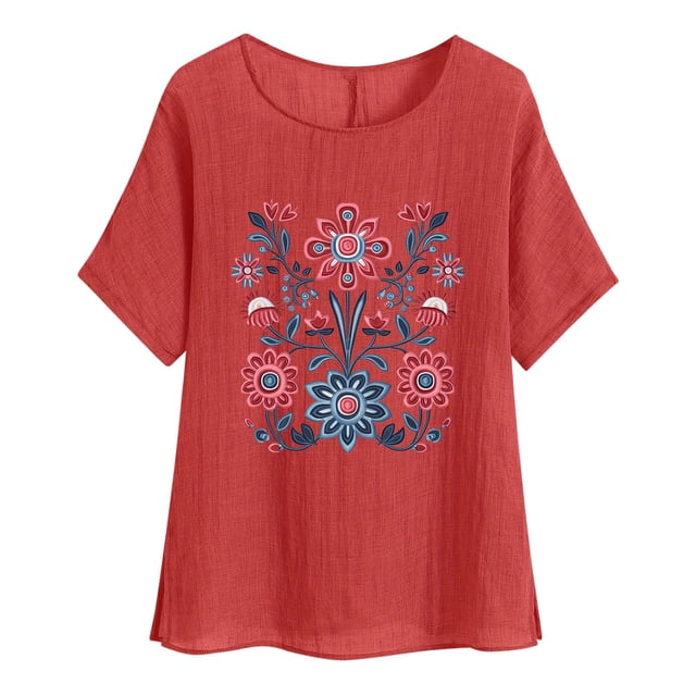Camiseta de Mujer Camiseta de Manga Corta Impresión Casual Raglan Suelto de Lino Top Blusas, Cuello de la Tripulación