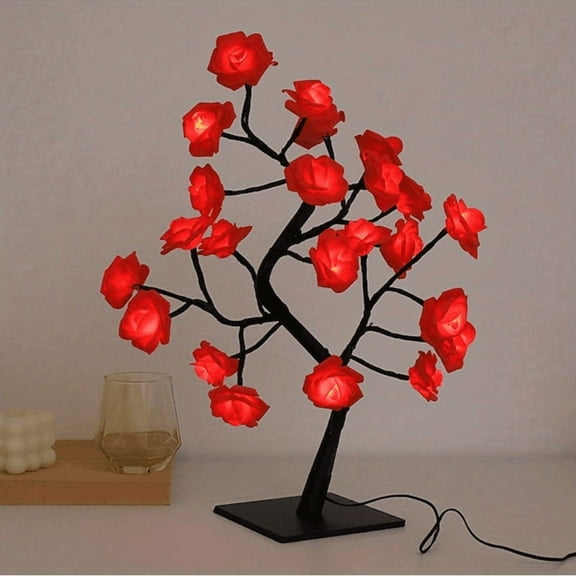 1pc USB Powered 24 Led Rose Flower Table Lamp Lights Birthday Mother's Day Valentine's Day Christmas Wedding Gift for Women Daughter Wife Girlfriend Sister, Night Light Home Party Bedroom Decoration