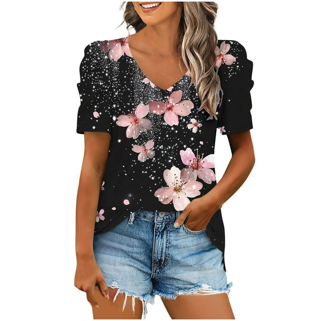 Casual Camisetas de Manga Corta para las Mujeres Imprimir Mangas Puff Cuello en V Camiseta, Poliéster Verano