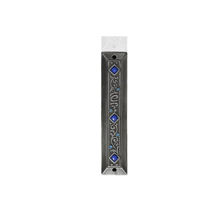 Scroll Dome - Pewter with Blue stones Jeweled Mezuzah - top quality ( 3.5 Inches with scroll )