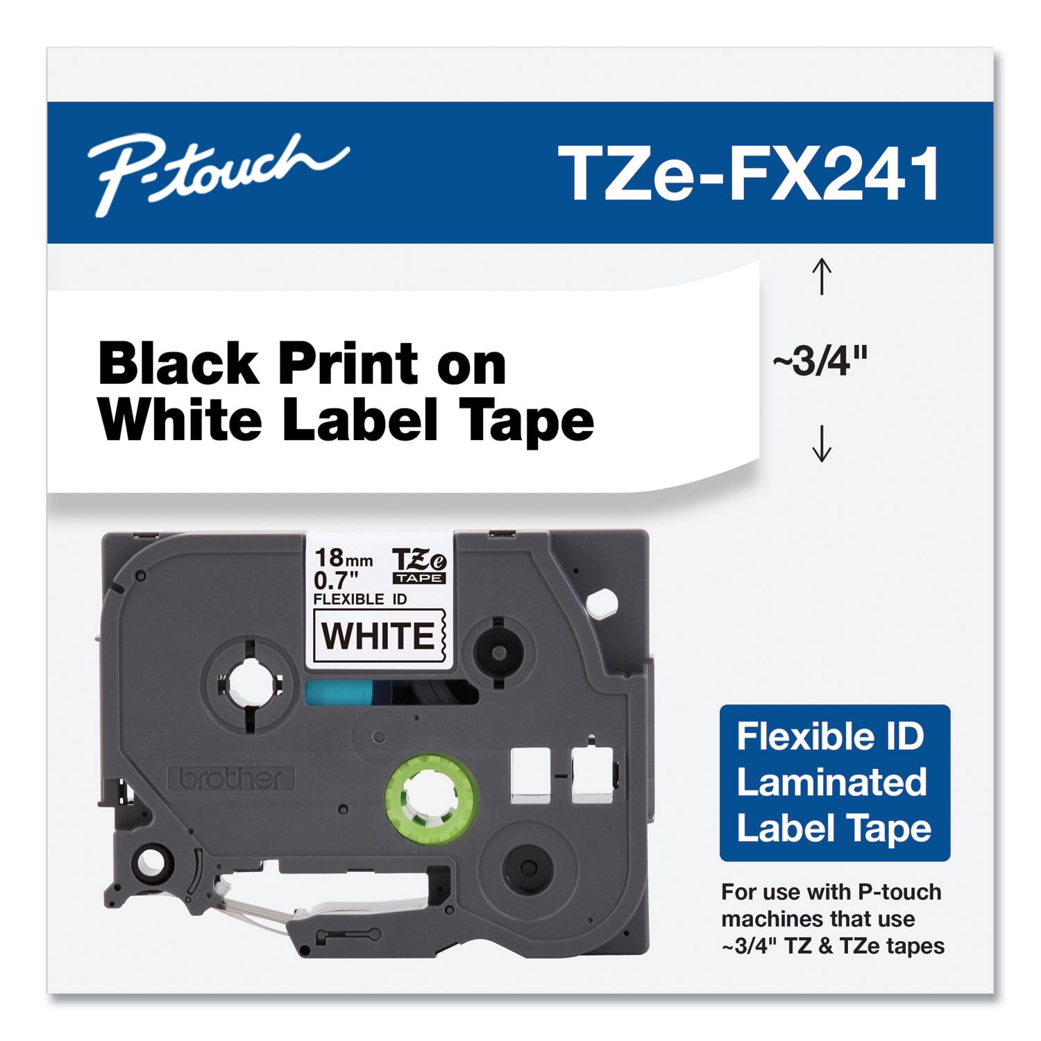 Brother Genuine P-touch TZE-FX241 Tape, 3/4" (0.7") Flexible-ID Laminated Label Maker Tape, Black on White, 0.7 in. x 26.2 ft. (18mm x 8M), TZEFX241
