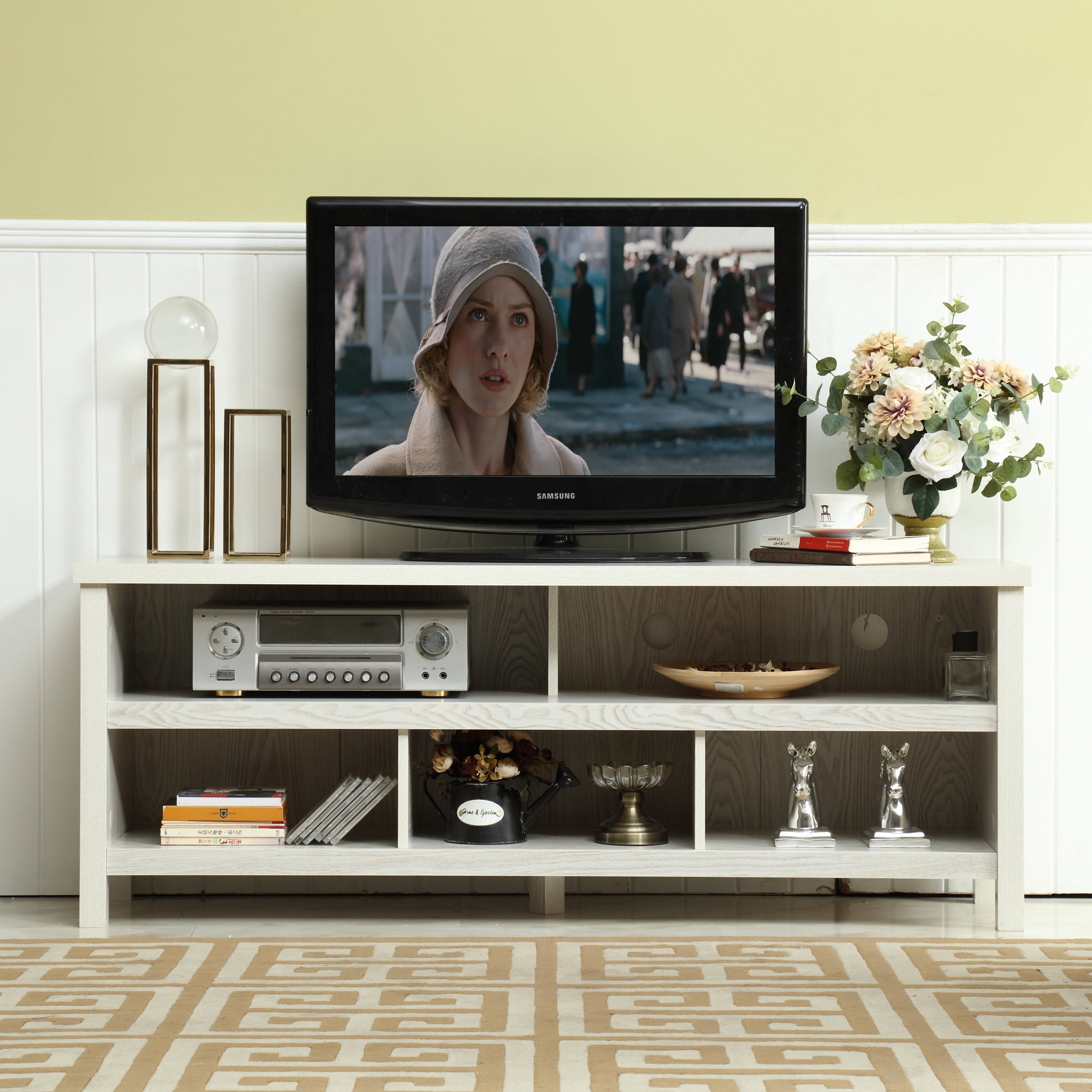 Wooden TV Console Farmhouse Entertainment Center White TV Shelf