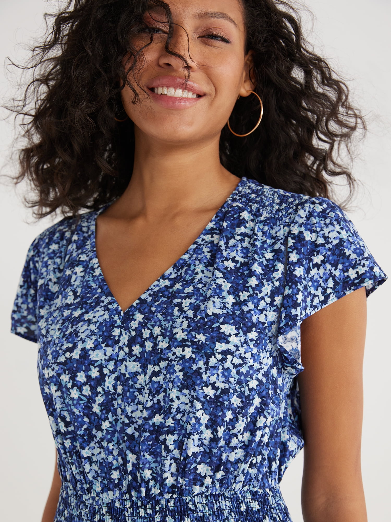 Time and Tru Women's and Women's Plus Smocked Waist Midi Dress with Short Sleeves, Sizes XS-4X