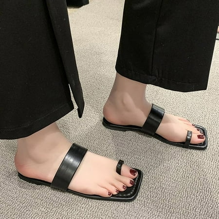 

BCMMKLPP Fashion Spring And Summer Women Slippers Flat Open Toe Solid Color Striped Leopard Print Black 41