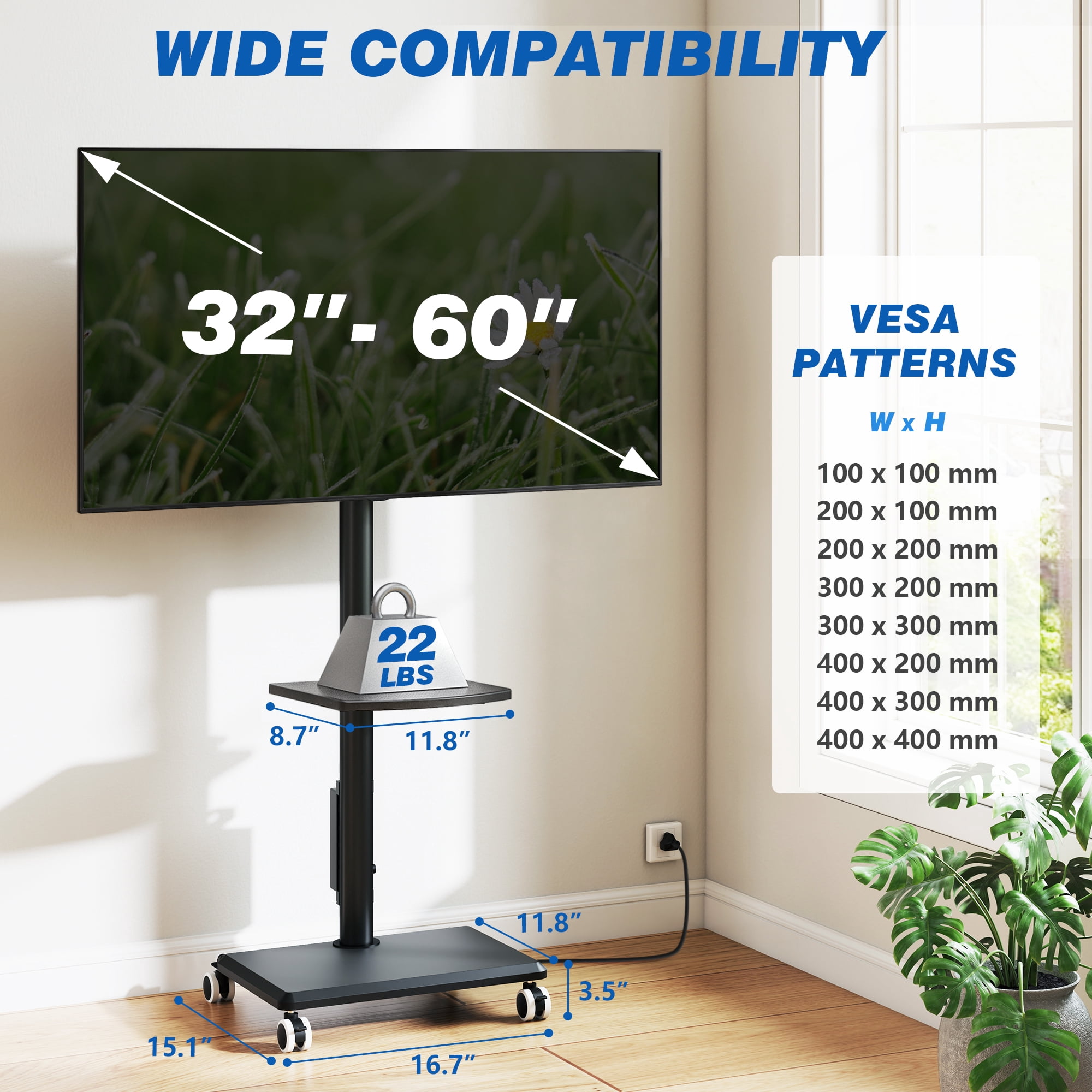 RTVR Sleek Rolling TV Stand with Power Outlet, Strong Tall Mobile TV Cart with Mount Up to 88 lbs, Height Adjustable Portable TV Stand on Wheels for 32-60 Inch TVs, Black