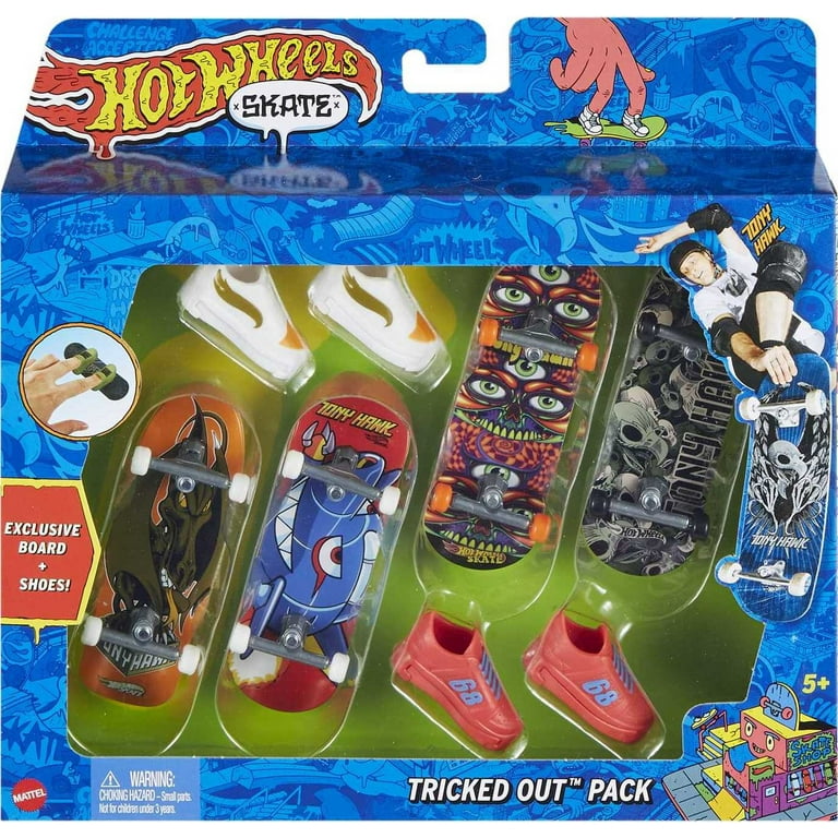Hot Wheels Skate Tony Hawk Fingerboard & Removable Skate Shoes Multipack, 4  Fully Assembled Boards, 2 Pairs of Skate Shoes, 1 Exclusive Set (Styles