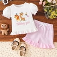 thumbnail image 3 of HCNTES Toddler Girl Outfit Lace Trimmed Cartoon Embroidered Bubble Sleeve Top With Giraffe Birthday Theme Set 2-Piece Set for Daily Wear Summer Girl Clothes, 3 of 9